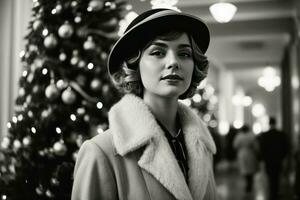 ai gerado retro festividade Década de 1920 moda no meio uma Natal árvore generativo de ai foto