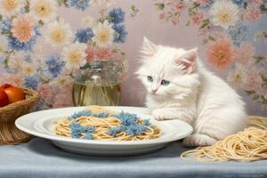 ai gerado uma fofa branco gatinho senta às uma mesa com uma prato do espaguete, dentro uma acolhedor generativo de ai foto