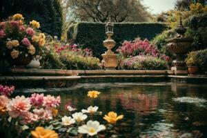 ai gerado tranquilo jardim cena com uma variedade do colorida flores dentro flor generativo de ai foto