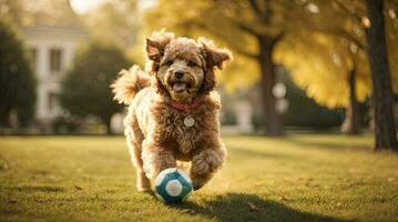 ai gerado alegre cachorro corrida para a Câmera dentro uma ensolarado parque com uma bola deitado generativo de ai foto