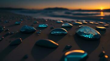 ai gerado suave pedras dentro uma linha em uma de praia às pôr do sol com reflexões vibrante céu cores generativo de ai foto