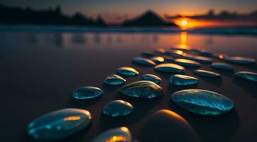 ai gerado suave pedras dentro uma linha em uma de praia às pôr do sol com reflexões vibrante céu cores generativo de ai foto