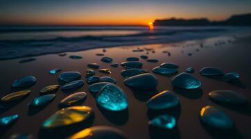 ai gerado suave pedras dentro uma linha em uma de praia às pôr do sol com reflexões vibrante céu cores generativo de ai foto