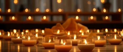 ai gerado luz de velas velas em de madeira mesa, foto