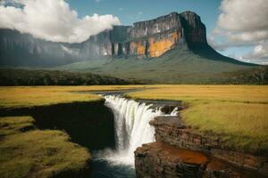 ai gerado majestoso cachoeiras em cascata cercado de exuberante falésias e vegetação generativo de ai foto