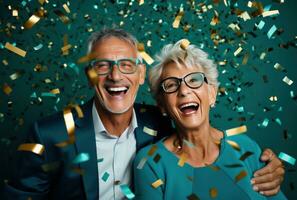 ai gerado feliz aposentado casal com confete feliz aposentadoria foto