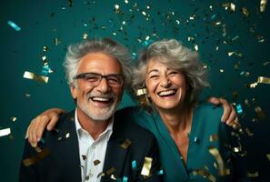 ai gerado feliz aposentado casal com confete feliz aposentadoria foto