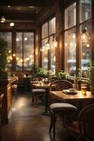 ai gerado acolhedor restaurante interior com caloroso iluminação, de madeira mobília de ampla janelas generativo de ai foto