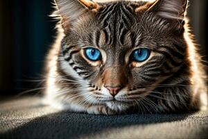 ai gerado fechar-se do uma Castanho malhado gato com impressionante azul olhos deitado baixa generativo de ai foto