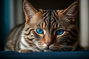 ai gerado fechar-se do uma Castanho malhado gato com impressionante azul olhos deitado baixa generativo de ai foto