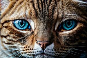 ai gerado fechar-se do uma Castanho malhado gato com impressionante azul olhos deitado baixa generativo de ai foto