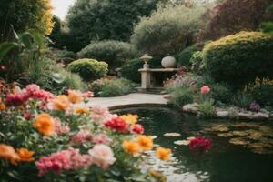ai gerado tranquilo jardim cena com uma variedade do colorida flores dentro flor generativo de ai foto