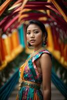 ai gerado jovem mulher dentro colorida vestuário às uma tradicional ásia mercado com festivo decorações generativo de ai foto