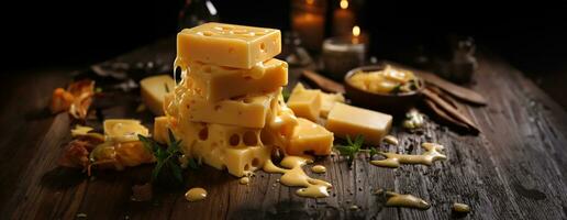 ai gerado queijo misturar em de madeira prato natureza morta. ai generativo. foto