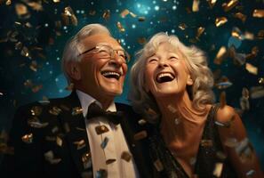 ai gerado Senior casal rindo Como confete cai e fogos de artifício estão mostrando foto