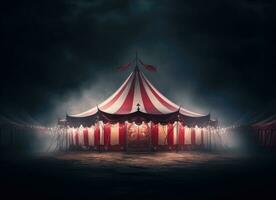 ai gerado uma circo barraca às noite com uma vermelho barraca contra branco fundo foto