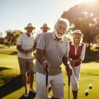 ai gerado uma grupo do amigos dentro seus anos 60 e Anos 70 jogar uma jogos do golfe em uma ensolarado dia foto