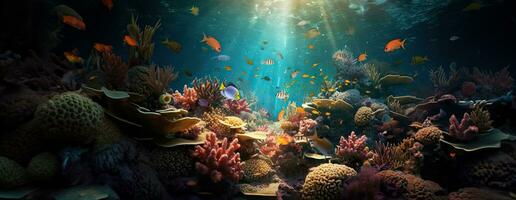 ai gerado tropical mar embaixo da agua peixes em coral recife. aquário oceanário animais selvagens colorida marinho panorama panorama natureza snorkel mergulhando. ai generativo. foto