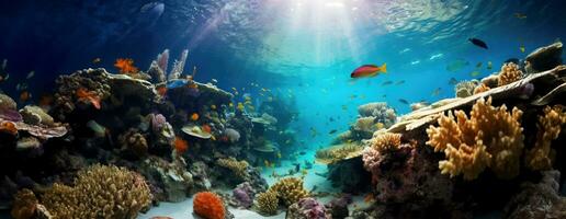 ai gerado tropical mar embaixo da agua peixes em coral recife. aquário oceanário animais selvagens colorida marinho panorama panorama natureza snorkel mergulhando. ai generativo. foto