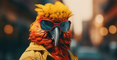 ai gerado uma colorida papagaio com oculos de sol em a rua foto