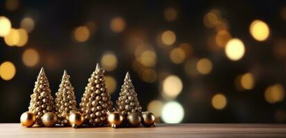 ai gerado uma Natal árvore e ouro bolas em uma de madeira mesa foto