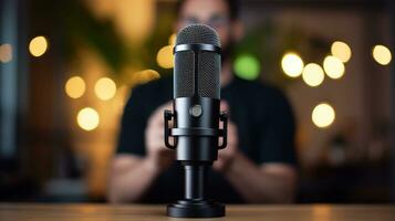 ai gerado generativo ai, microfone para podcast, homem gravação áudio, hospedeiro transmissão, borrado fundo foto