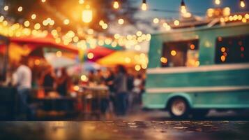 ai gerado generativo ai, Comida caminhão rua festival, borrado luzes fundo, atmosférico bokeh, silenciado cores foto