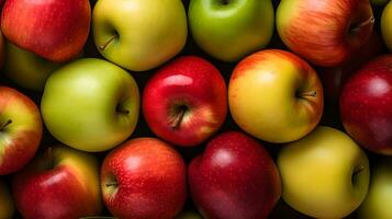 ai gerado topo Visão vermelho e verde maçãs fundo foto