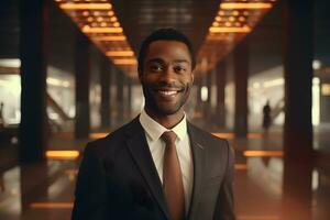 ai gerado retrato do sorridente africano americano homem de negocios dentro moderno escritório foto