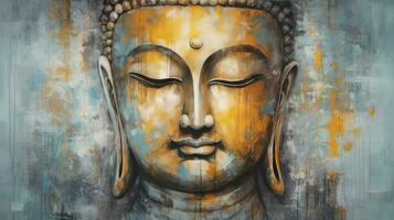 ai gerado óleo pintura de mão do Buda face com óleo pintura textura em tela de pintura textura pintura, meditação e arte conceito. foto