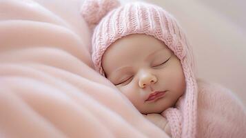 ai gerado dormindo recém-nascido bebê dentro uma embrulho em Rosa cobertor foto