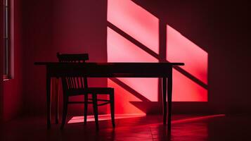 ai gerado de madeira mesa com cadeira dentro a quarto com vermelho luz e sombra foto