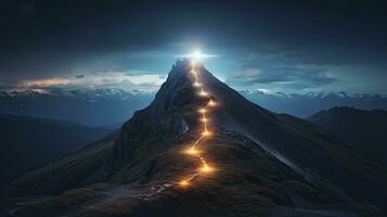 ai gerado caminho para sucesso conceito com brilhando luz caminho indo acima a montanha foto