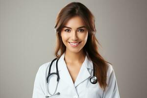 ai gerado sorridente fêmea médico com estetoscópio em cinzento fundo, cuidados de saúde conceito, positivo imagem. foto