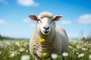 ai gerado curioso branco ovelha poses para a Câmera em uma iluminado pelo sol verde Prado em uma lindo verão dia foto