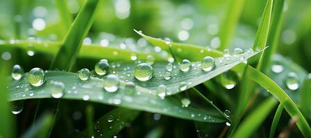 ai gerado borrado verde Relva com água gotas criando uma hipnotizante bokeh fundo dentro natural tons foto