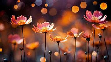 ai gerado vibrante cosmos flores dentro iluminado pelo sol Prado, uma hipnotizante fechar acima macro com sonhadores bokeh foto