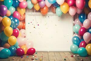 ai gerado aniversário quadro, Armação com cor balões com brilhos, em branco quadro, Armação decoração com balão , ai gerado foto