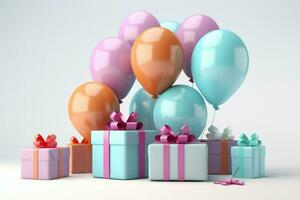 ai gerado aniversário fundo com presente caixas cor balões e confete, 3d render do aniversário fundo, ai gerado foto