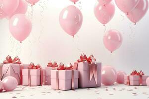 ai gerado Rosa balões e presente caixas em branco fundo. 3d render do aniversário fundo com presente caixa, balões e confete, ai gerado foto