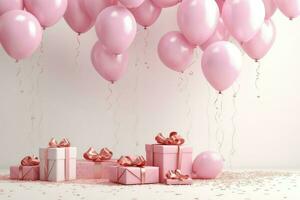 ai gerado aniversário fundo decoração com Rosa balões e presente caixas em branco fundo. 3d render do aniversário fundo, ai gerado foto