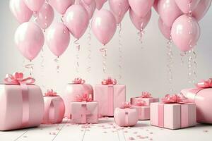 ai gerado Rosa balão fundo decoração com presente caixas em branco fundo. 3d render do aniversário fundo, ai gerado foto