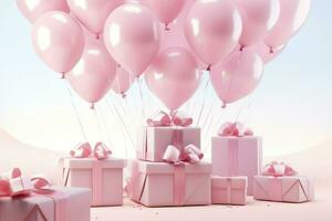 ai gerado aniversário fundo decoração com Rosa balões e presente caixas em branco fundo. 3d render do aniversário fundo, ai gerado foto