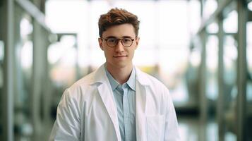 ai gerado masculino médico vestindo bata de laboratório em pé e sorridente foto