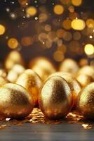 ai gerado lindo, mágico Páscoa fundo com dourado ovos, brilhar partículas, bokeh luzes e cópia de espaço. perfeito para temático de férias desenhos, cumprimento cartões. celebração, festivo humor. foto