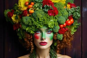 ai gerado beleza menina com conjunto do legumes e flores em dela cabeça. moda mulher com Penteado. foto