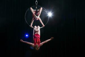 circo atriz acrobata desempenho. dois meninas executar acrobático elementos dentro a ar anel. foto