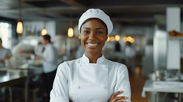 ai gerado africano americano Preto mulher Como chefe de cozinha em pé dentro cozinha com sorriso, ai foto