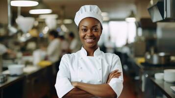 ai gerado africano americano Preto mulher Como chefe de cozinha em pé dentro cozinha com sorriso, ai foto