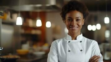 ai gerado africano americano Preto mulher Como chefe de cozinha em pé dentro cozinha com sorriso, ai foto